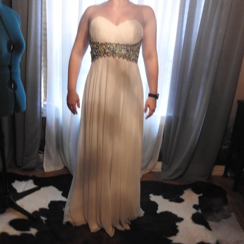 White Sherri Hill Jewel Encrusted Gown teal silver - Picture 11 of 15